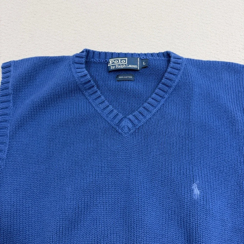 Polo Ralph Lauren Sweater Vest Mens Large Blue Cotton V-Neck Knit Pullover Pony